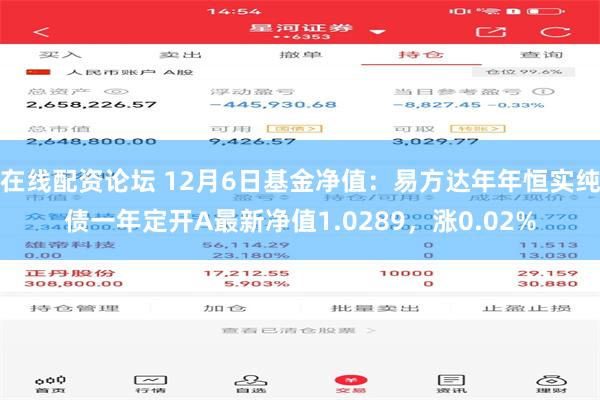 在线配资论坛 12月6日基金净值：易方达年年恒实纯债一年定开A最新净值1.0289，涨0.02%